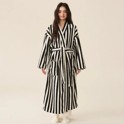 Couple’s Thickened Flannel Pajama Set – Coral Velvet Bathrobe & Striped Pants for Autumn Winter Homewear