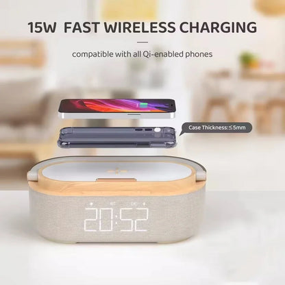 Portable Bluetooth Speaker with Wireless Charging — FM Radio, Alarm Clock, Music Sound Box, Night Light & Charger Lamp