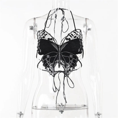Women’s Butterfly Lace Camisole Crop Top – Spaghetti Strap Slim Fit See-Through Summer Bralette with Front Slit Low Cut Design