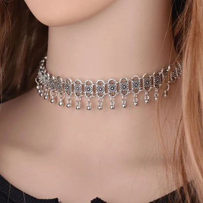 Stainless Steel Gypsy Chainmaille Choker - Jingle Bell Flower Clavicle Necklace for Women