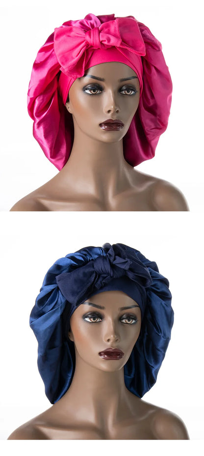 Satin Nightcap for Women - Wide Stretch, Extra-Large Long Tail, Shower Cap with Ribbon, Round Hat Hair Bonnet