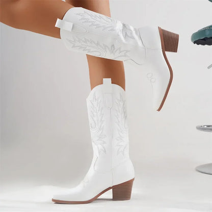 Plus Size 43 Women’s White Cowboy Boots – High-Quality Mid-Calf Block Heel Western Vintage Country Concert Shoes
