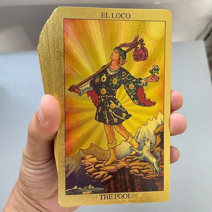Spanish & English Golden Foil Tarot Cards – 12x7cm Divination Deck for Beginners with 2-Language Guidebook