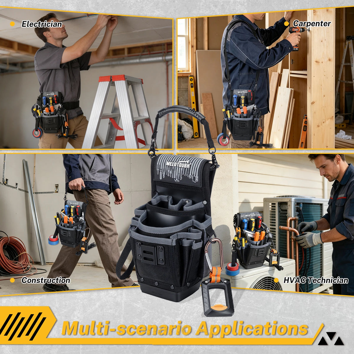 16-Pocket Clip-On Tool Pouch - Hard Bottom Electrician Belt Pouch for HVAC, Carpenter & Construction Tools