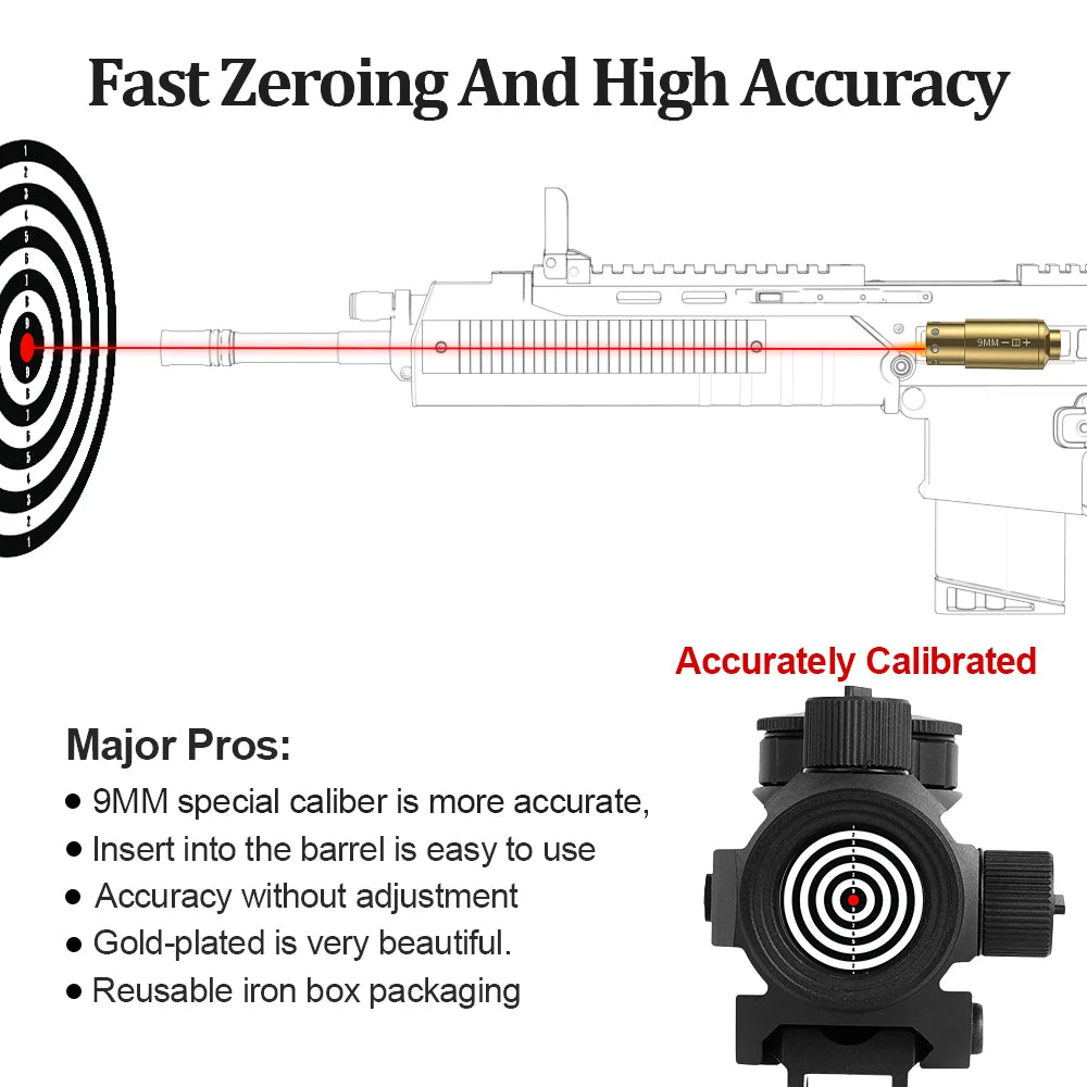 9MM Red Dot Laser Bore Sighter – Brass Optics Cartridge for Pistol & Rifle Scope Hunting with 6 Batteries