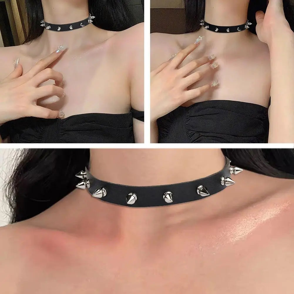 Black PU Leather Spike Choker Necklace – Studded Punk Gothic Biker Collar for Women & Men