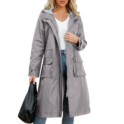 Women’s Hooded Trench Coat - Long Sleeve Solid Color Windbreaker with Elegant British Style