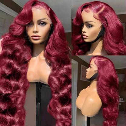 99J Burgundy Body Wave Human Hair Wig – 13x6 HD Transparent Lace Front, 30-40 Inch Curly Brazilian Hair for Women