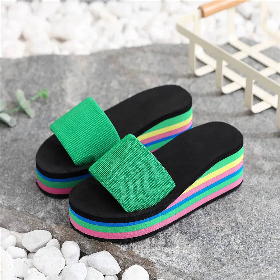 Summer Women’s Rainbow Bohemian Clip Toe Flip Flops – Non-Slip Wedge Beach Sandals