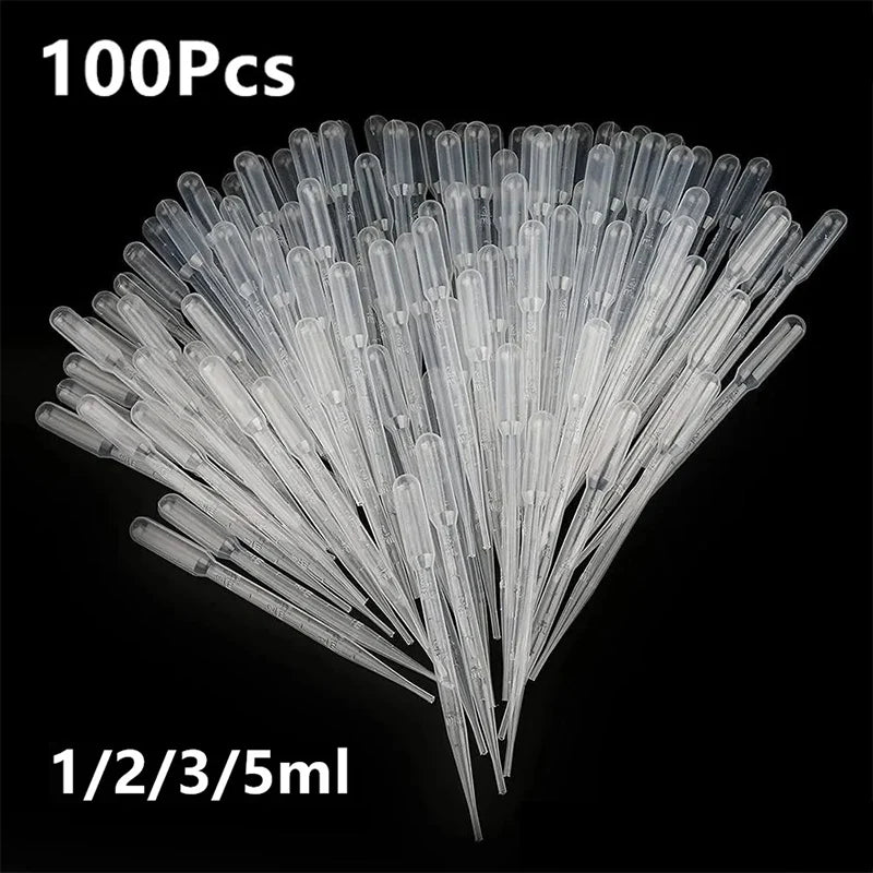 100PCS Disposable Graduated Pipettes Set – 1ml/2ml/3ml/5ml Plastic Liquid Dropper Straws for Laboratory, Makeup & DIY Use
