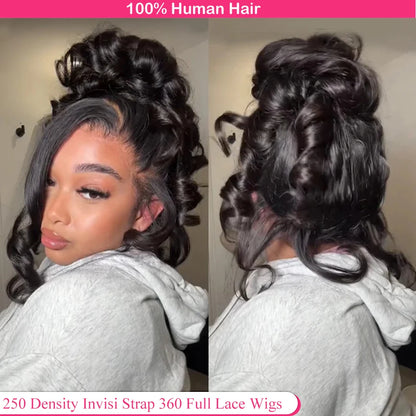 Invisi Strap 360 Lace Front Human Hair Wig – Preplucked 250% Density Body Wave HD Lace, Glueless Wig