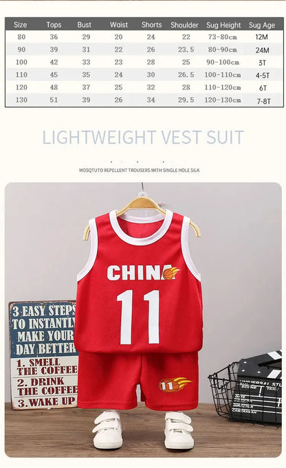 Children’s Summer Sleeveless T-Shirt and Shorts Set — Quick-Dry Sports Tank Top Outfit for Boys Basketball Training