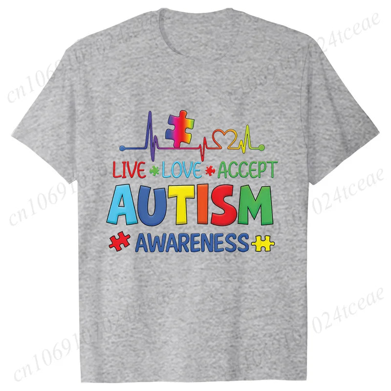 Women’s Live Love Accept Autism Awareness T-Shirt – Graphic Y2K Summer Top for Autism Awareness Month