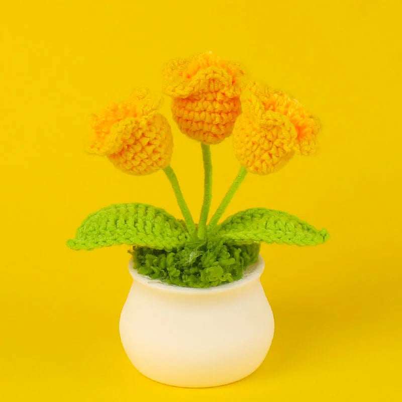 Handmade Crochet Bell Orchid in Pot – Knitted Artificial Flower with Light for Desktop & Easter 2025 Decor