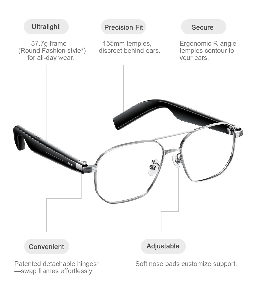 XIAOMI MIJIA Smart Audio Glasses Joyful Edition — Bluetooth 5.2, Detachable Headset, Long Standby, 2h Fast Charge, Anti-Leakage Sound