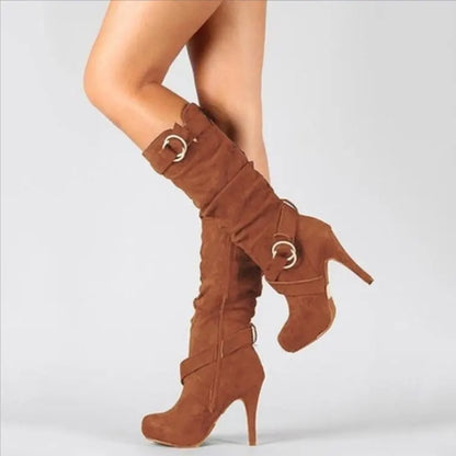 Women’s Knee-High PU Leather Boots – Thin High Heel Platform Round-Toe Fashion Shoes, Size 34-43