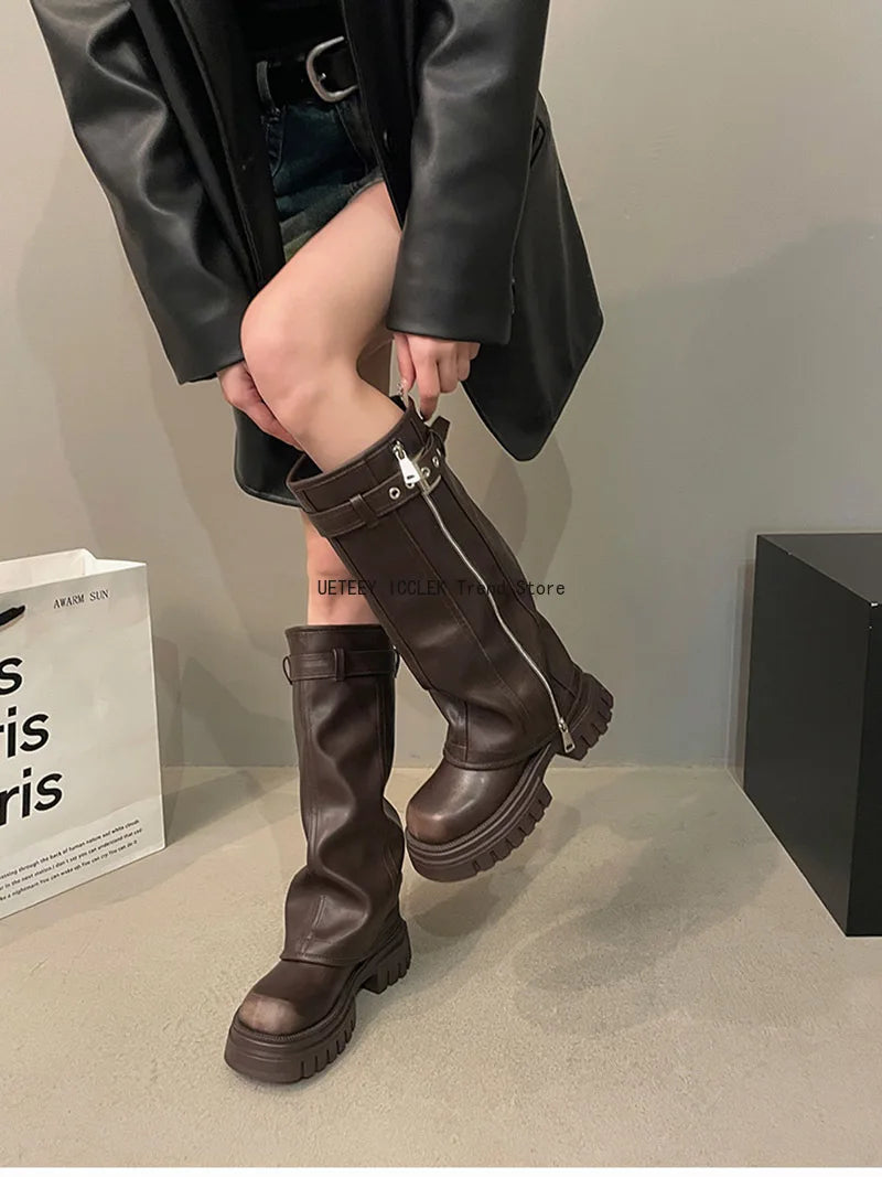 Winter Women's Biker Boots – Fashion Belt Buckle Knee-High Platform Booties