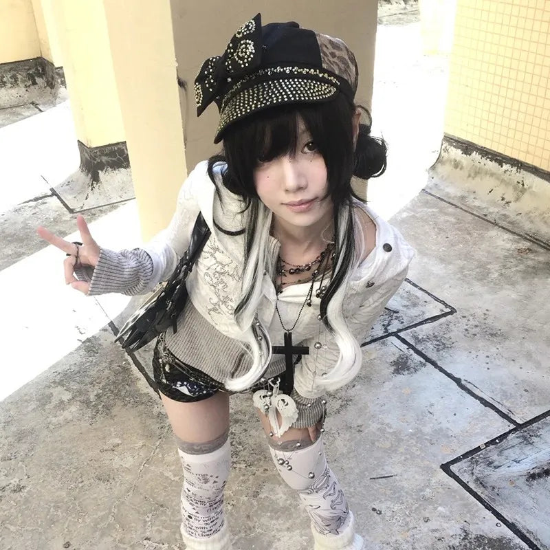 Y2K Fake Two-Piece Knitted Hooded Jacket, Vintage Harajuku Grunge Aesthetic 2000s Streetwear Top for Men & Women