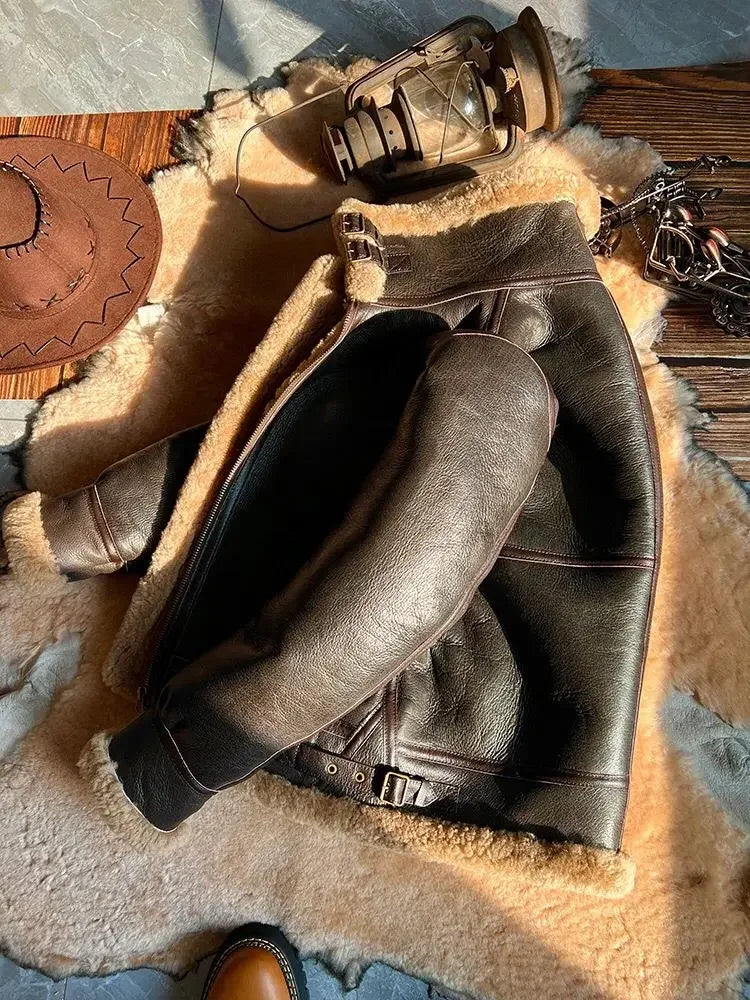 Men's Genuine Sheepskin Shearling Coat - Thick Wool Lined Winter Leather Jacket Brown Plus Size XXXXXXL