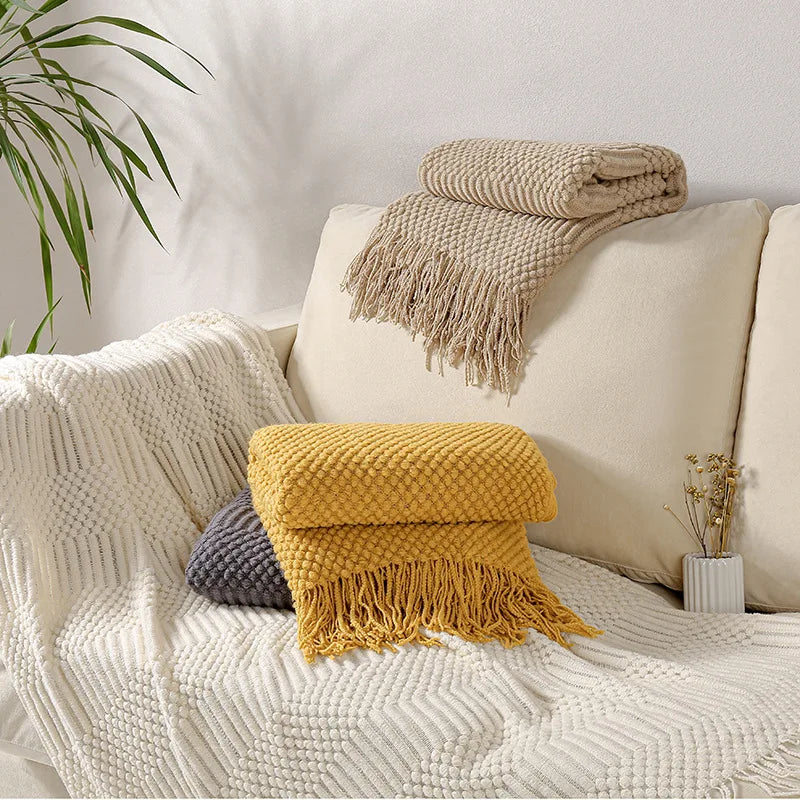 White Boho Throw Blanket – Textured Chunky Knitted Vintage Luxury Bedspread, Sofa Cover Manta Para Sofá