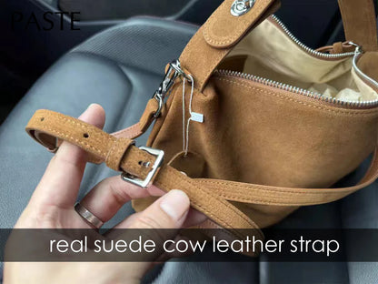 Simple Autumn Winter Grey & Brown Boston Tote — Soft Matte Suede Cow Leather Women's Shoulder Handbag