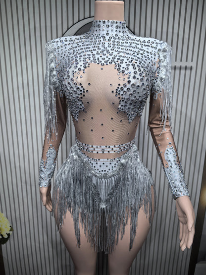 Sparkly Blue Rhinestone Leotard - One-Shoulder Fringe Bodysuit for Dance, Stage & Performance