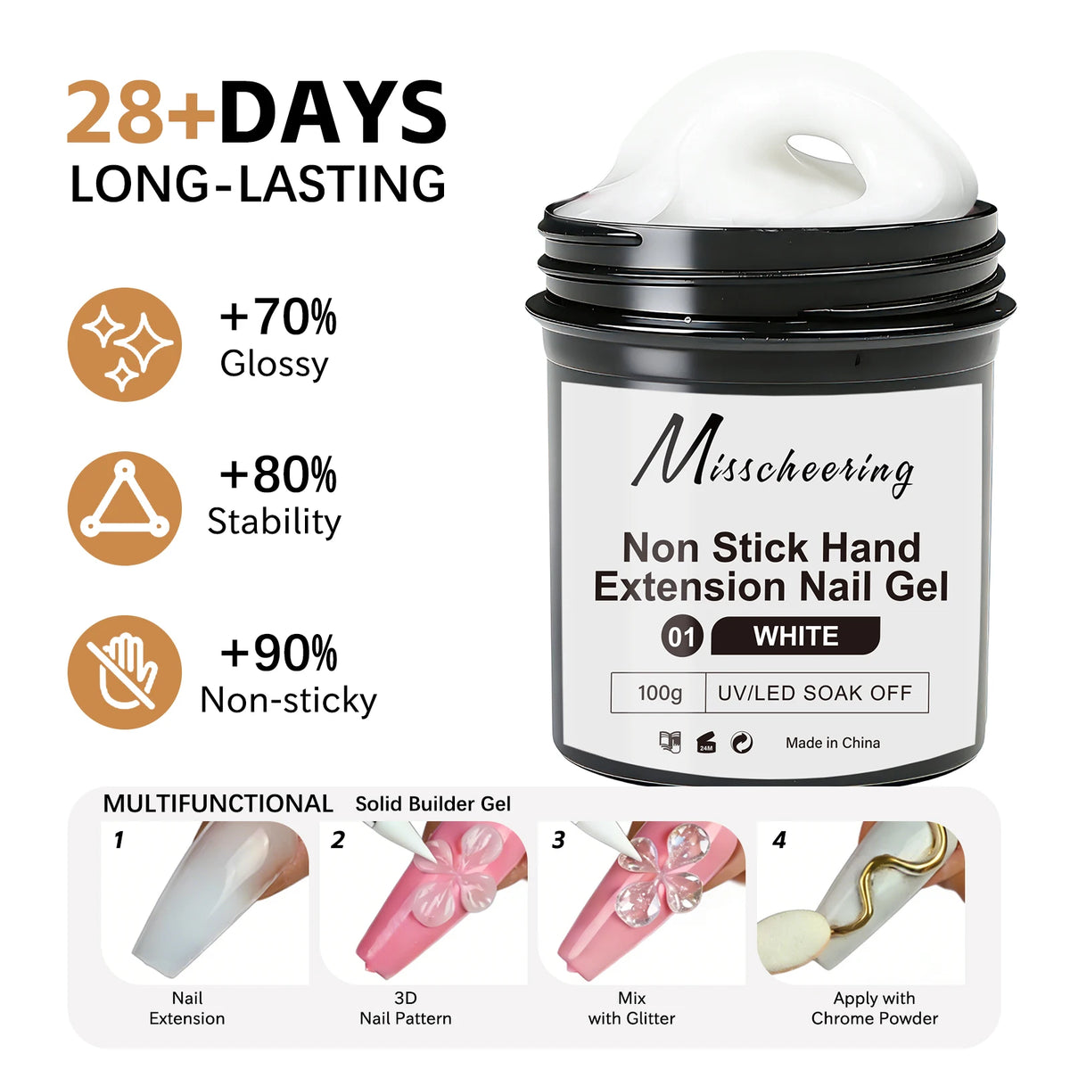 100g White Clear Nail Extension Gel - Non-Stick UV/LED Sculpting & 3D Nail Art Hard Gel