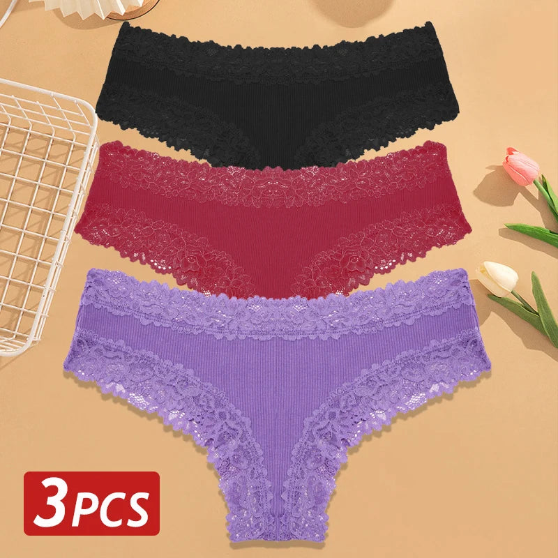 3PCS Women’s Cotton Lace Panties Set - Low Waist Brazilian Bikini Underwear Soft Floral Lingerie T-Back Style