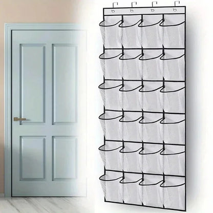 24-Grid Wall-Mounted Shoe Organizer – Fabric Closet Storage Rack with Mesh Pockets, Clear Hanging Over-the-Door Cloth Bag