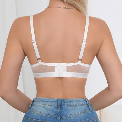 Maternity Nursing Bra - Lace Mesh Front Snap Breastfeeding Bra with Breathable Dot Mesh Full Side Coverage