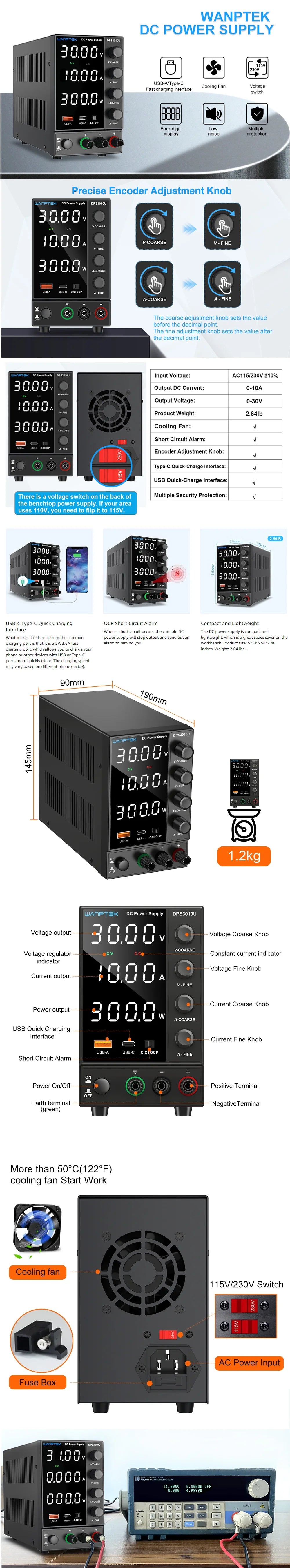 Wanptek DC Power Supply – Adjustable 30V 10A / 60V 5A Lab Bench Voltage Regulator, Variable 120V 3A Power Supply