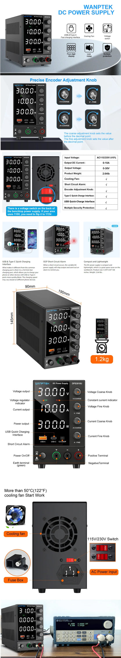 Wanptek DC Power Supply – Adjustable 30V 10A / 60V 5A Lab Bench Voltage Regulator, Variable 120V 3A Power Supply