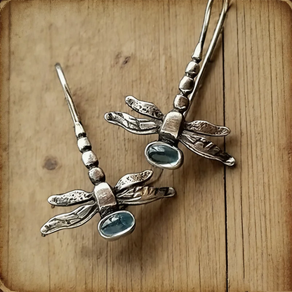 Retro Dragonfly Dangle Earrings - Silver Color Jewelry with Blue Stone Inlay for Women Party & Engagement Fashion