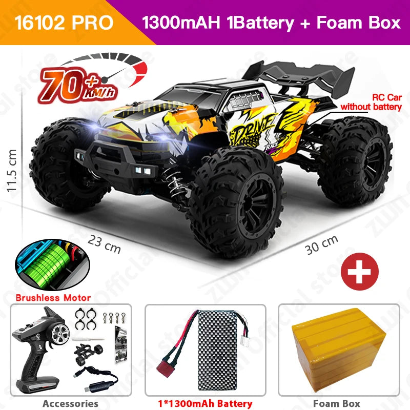 ZWN 1:16 4WD RC Monster Truck – 70KM/H High-Speed Drift Remote Control Car with LED for Kids, vs Wltoys 144001