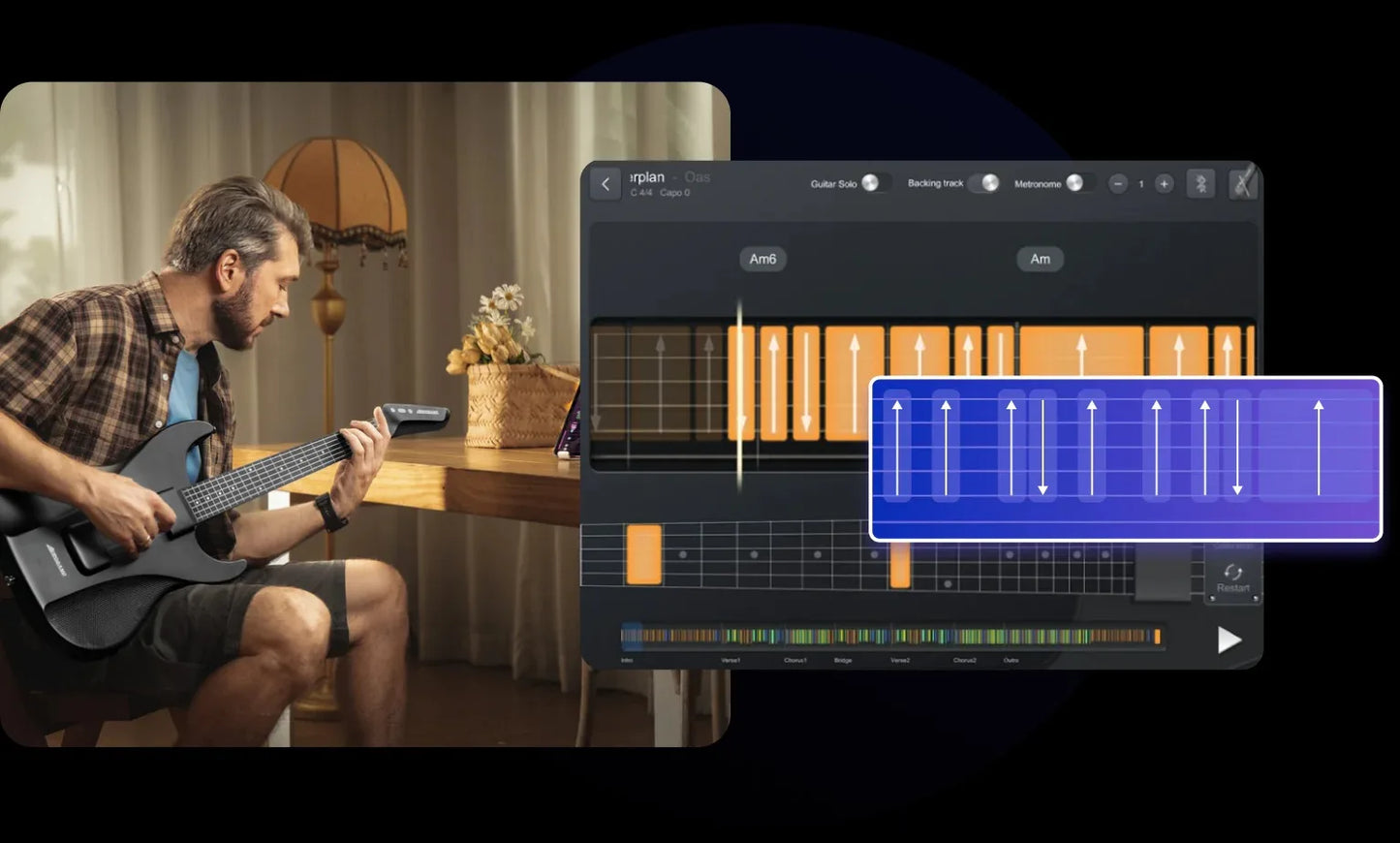 AeroBand Painless Smart Guitar - Silicone Strings, Bluetooth, 8 Sounds, USB MIDI Function, Ideal Gift for Adults