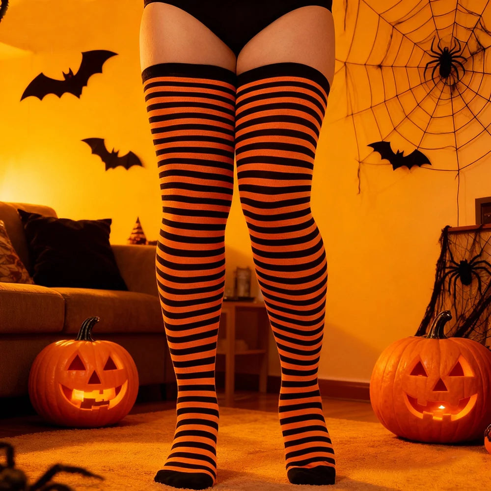 Plus Size Thigh High Socks - Extra Long Wide Stripe Knit Stockings for Women with Thick Thighs