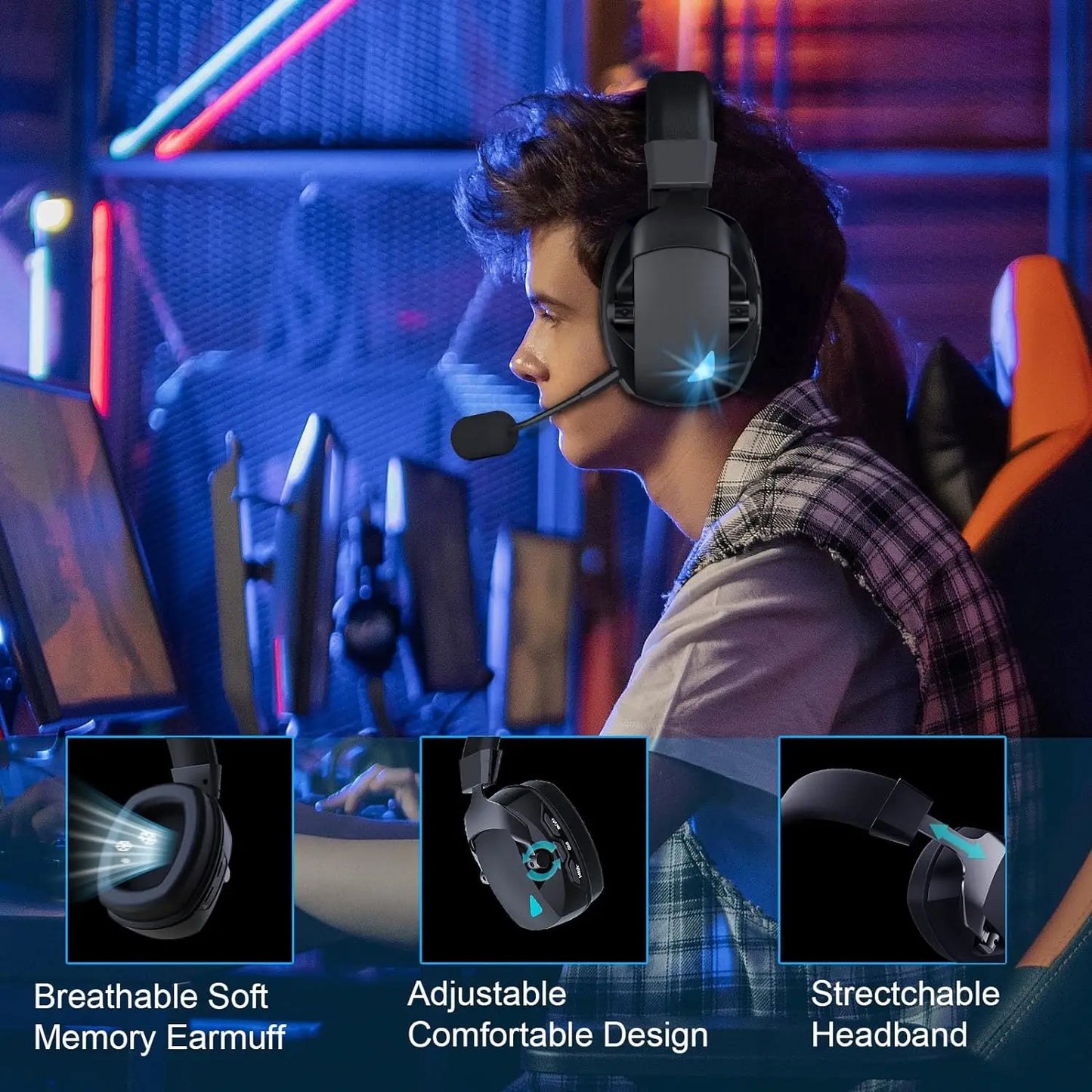 Gaming Headset with Detachable Noise-Cancelling Microphone — 2.4G Bluetooth, USB & 3.5mm Wired 3-Mode Multi-Device Headphones