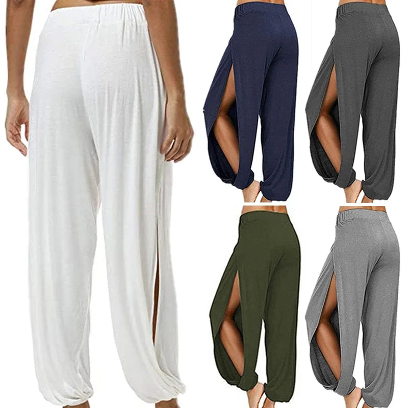 Women’s Summer High Slit Harem Pants – Loose Fit Wide Leg Yoga & Sports Trousers, Breathable Hippie Style Activewear