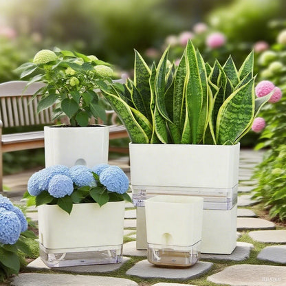 Double-Deck Self-Watering Flower Pot - Magnetic Plastic Planter with Self-Absorbing Cotton Wick for Indoor Plants, Home, and Garden