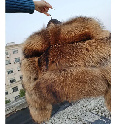 2025 Maomaokong Women’s Real Fur Coat – Natural Raccoon & Fox Fur Jacket with Hood, Warm Winter Outerwear