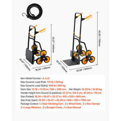 Stair Climbing Cart - Folding 6-Wheel Grocery Trolley with Telescoping Handle & Bungee Cords