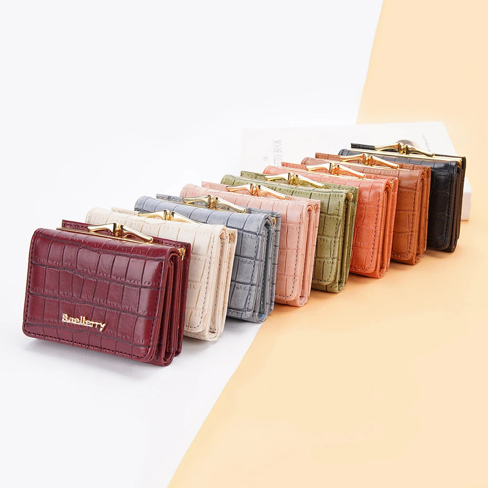 Baellerry Short Women’s Wallet — Crocodile Pattern Coin & Card Holder with Photo Slots, Hasp Purse for Girls