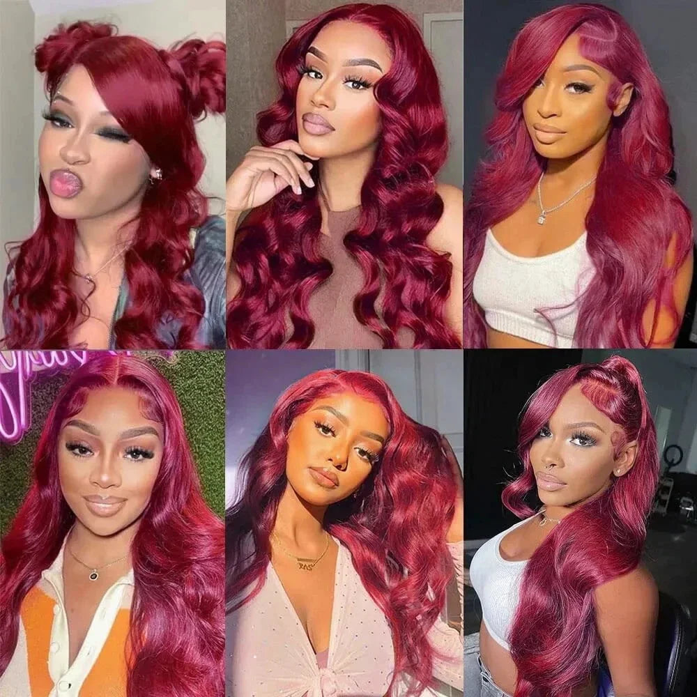 99J Burgundy Body Wave Human Hair Wig – 13x6 HD Transparent Lace Front, 30-40 Inch Curly Brazilian Hair for Women