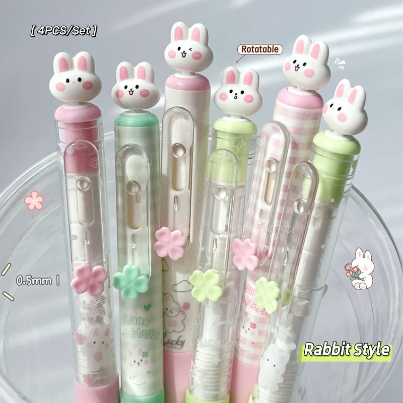 4-Piece Rabbit Gel Pen Set - 0.5mm Quick-Dry Black Ink Pens with Transparent Storage Bag for School and Office Supplies
