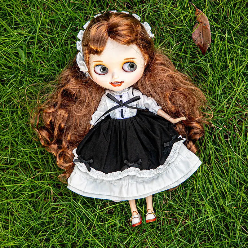 Blythe Doll Clothes – Wine Red & White Princess Dress with Lace for YMY, Licca, Azone OB24/OB27 Dolls