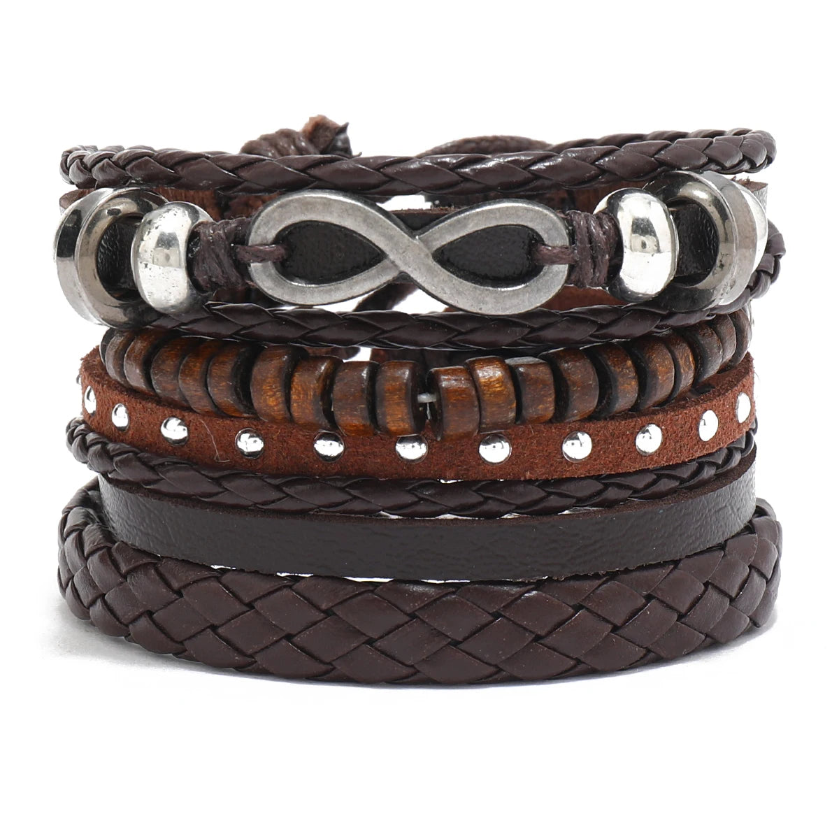 4Pcs Men's Braided Leather Bracelets Set – Vintage Life Tree & Rudder Charms, Wood Beads, Ethnic Tribal Wristbands