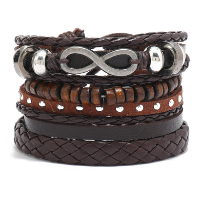 4Pcs Men's Braided Leather Bracelets Set – Vintage Life Tree & Rudder Charms, Wood Beads, Ethnic Tribal Wristbands