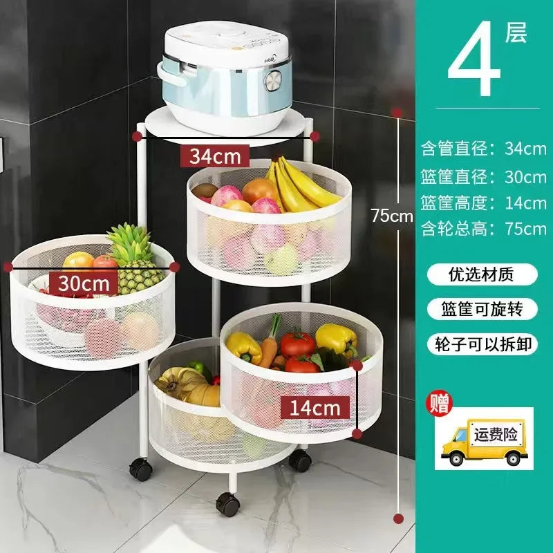 5 Layer Stainless Steel Rotating Shelf - Kitchen & Bathroom Storage Baskets, Fruit & Vegetable Rack with Wheels