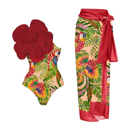Blue One-Shoulder Ruffle Floral Monokini Swimsuit with Cover Up Sexy One Piece Beach Swimwear for Women Summer