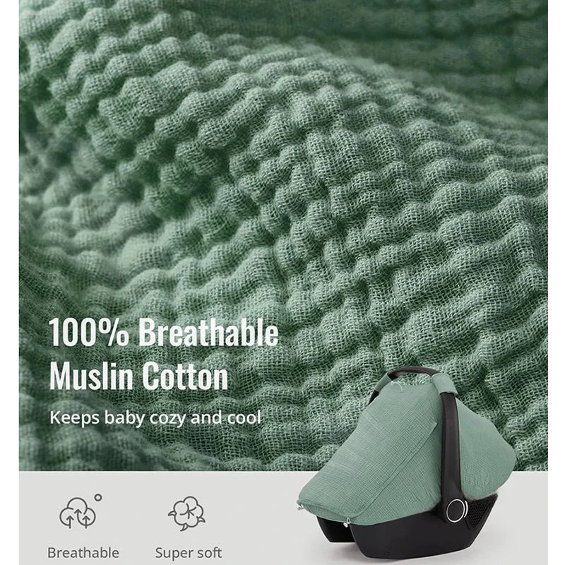 Baby Car Seat Cover – Breathable Muslin Cotton Canopy with Mesh Window, Infant Stroller Sun Shade & Carrier Protection Cover